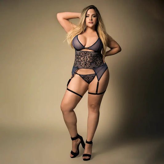 Lamore Curvy Conjunto 3 Piezas Tull Licrado Y Encaje Top Triángulo by SEXSHOPLAMORE