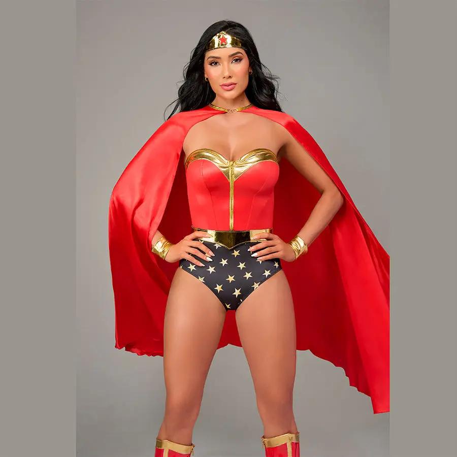 Disfraz Mujer Poder Rojo Azul Poliéster Elastano Con Tiara Capa Bustier by CEREZA LINGERIE