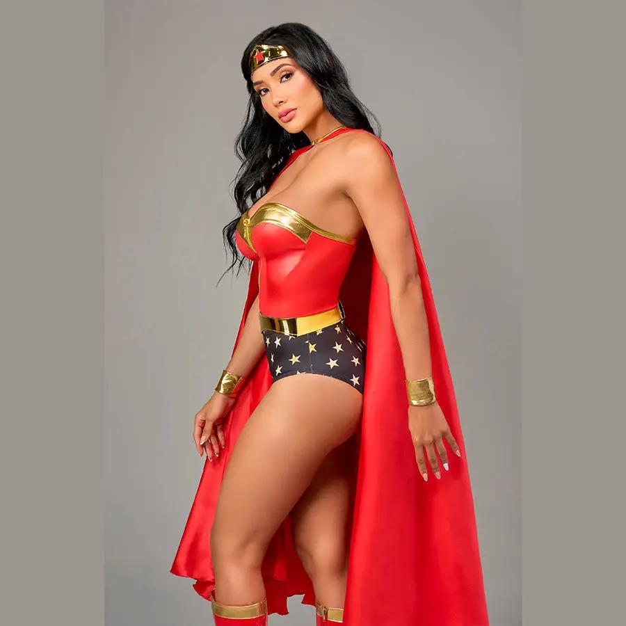 Disfraz Mujer Poder Rojo Azul Poliéster Elastano Con Tiara Capa Bustier by CEREZA LINGERIE